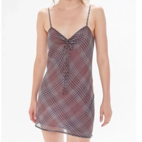 Urban Outfitters Plaid Pink Cinched V-Neck Bow Slip Mini Coquette Dress Size XS - Picture 1 of 5